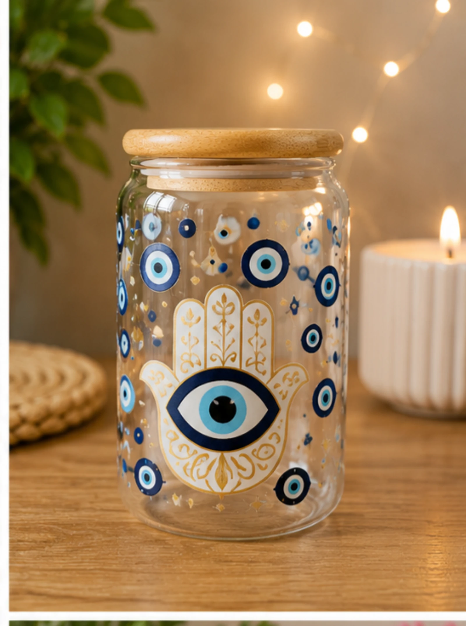 Verre canette avec paille en verre, couvercle en bambou et goupillon